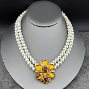 Vintage Necklace Two-strand Faux White Pearls Gold-tone Rhinestone Flower